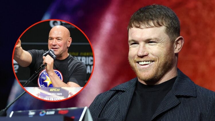 Canelo Alvarez of Mexico speaks during his press conference with William Scull of Cuba. Inset, UFC CEO Dana White is seen on stage during the UFC 312