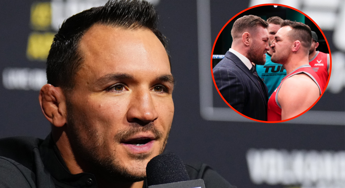 Image of Michael Chandler speaking at the UFC 314 press conference, inset Chandler and Conor McGregor on The Ultimate Fighter set.