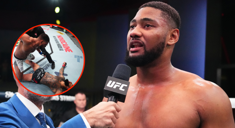 Image of Mario Pinto during his UFC Vegas 103 post-fight interview, inset Pinto knocking out Austen Lane.