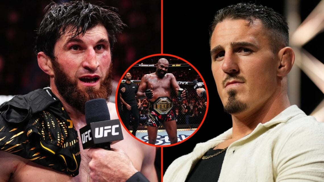 Side by side image of UFC light heavyweight Magomed Ankalaev and UFC heavyweight Tom Aspinall, insert UFC heavyweight Jon Jones.