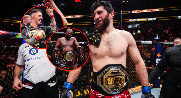 Magomed Ankalaev with his world title belt, alongside bubbles showing Tom Aspinall and Jon Jones with their title belts