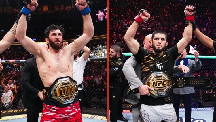 Split image as Magomed Ankalaev of Russia reacts after a unanimous-decision victory against Alex Pereira of Brazil, and Islam Makhachev of Russia r...