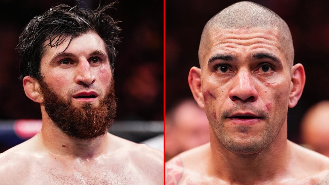 Split image of Magomed Ankalaev of Russia reacts after the UFC light heavyweight championship fight against Alex Pereira of Brazil during the UFC 3...