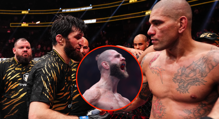 Magomed Ankalaev of Russia talks to Alex Pereira of Brazil at the end of the UFC light heavyweight championship fight during the UFC 313 event with...