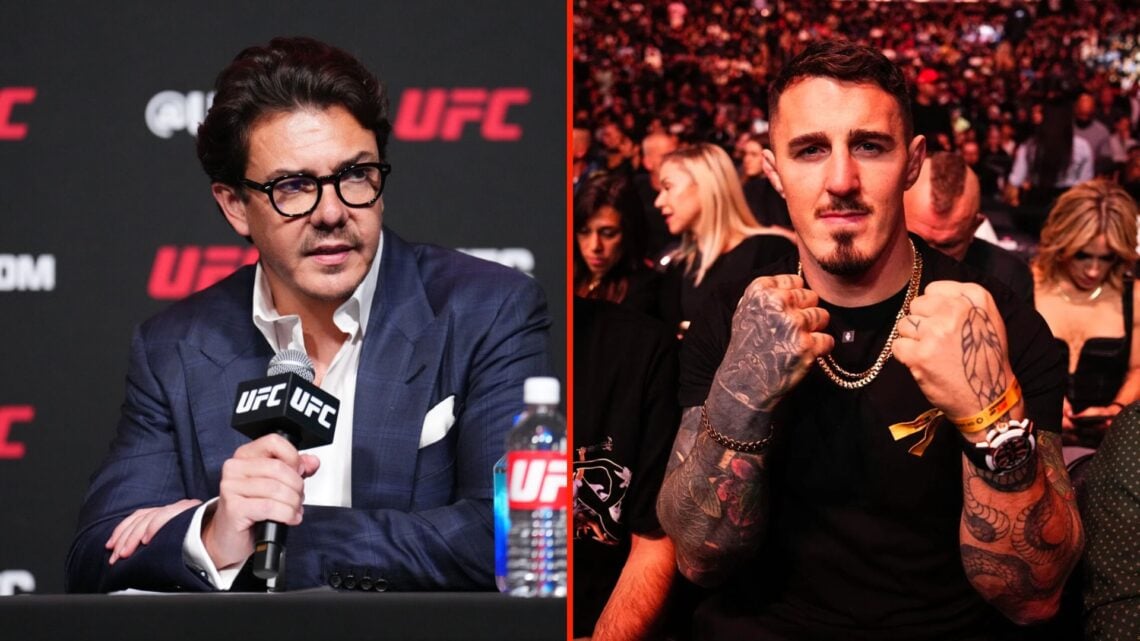Side by side image of UFC Chief Business Officer Hunter Campbell, and UFC interim heavyweight champion Tom Aspinall.