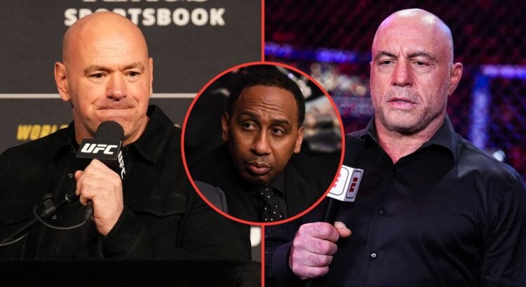 Split image of Dana White and Joe Rogan. Inset, Stephen A. Smith
