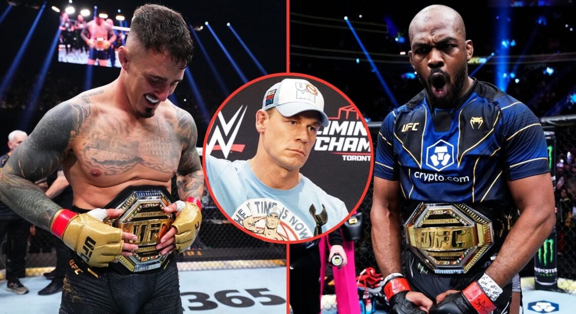 Split image of Tom Aspinall and Jon Jones. Inset, John Cena