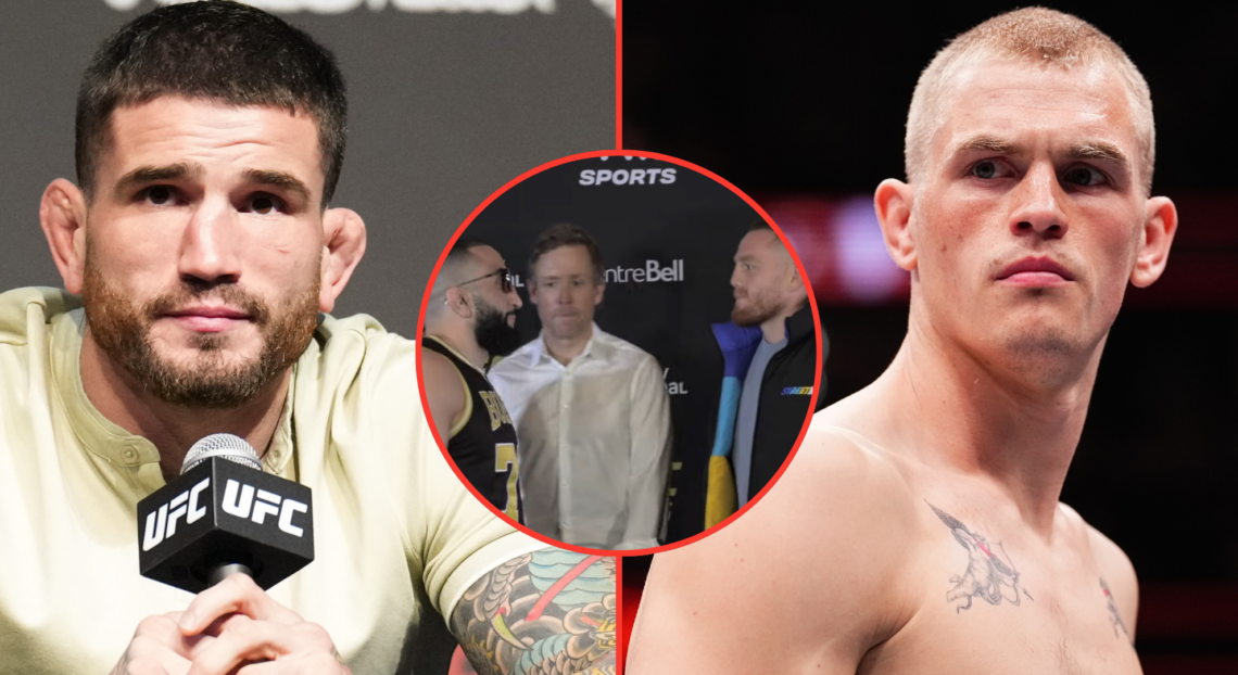 Sean Brady answers a question at the UFC 280 press conference, opposite Ian Machado Garry entering the cage at UFC 298, inset Belal Muhammad and Ja...
