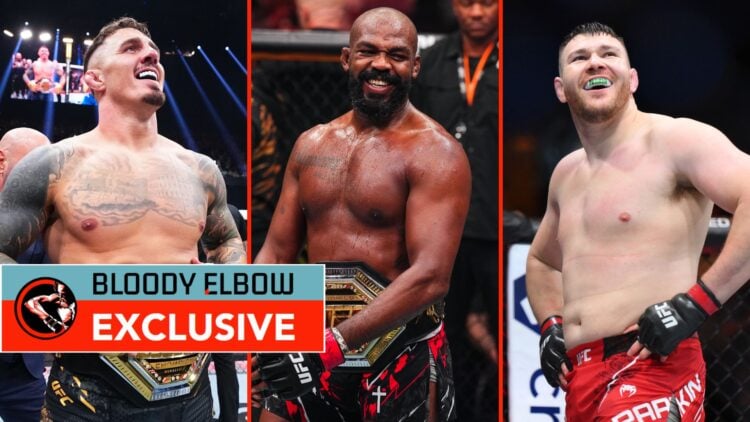 Split image of Tom Aspinall reacting after a knockout victory, Jon Jones after a TKO victory, and Mick Parkin.