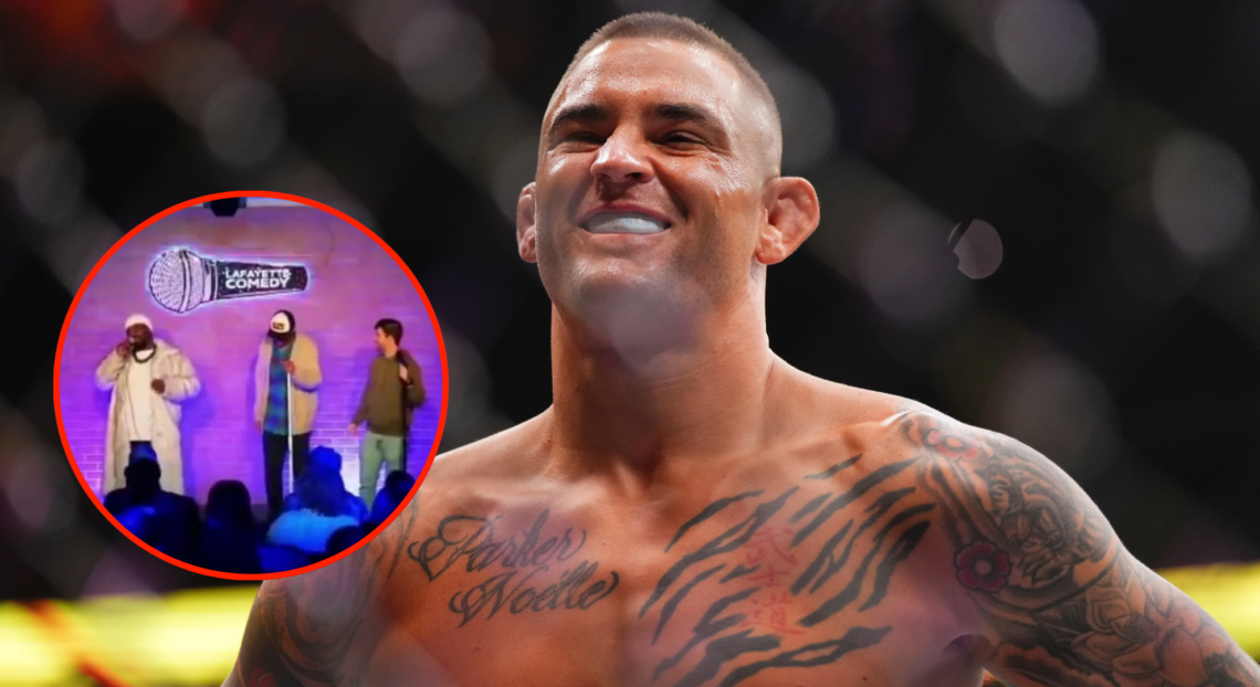 Image of Dustin Poirier as he enters the cage at UFC 302, inset screenshot from Lafayette Comedy show.
