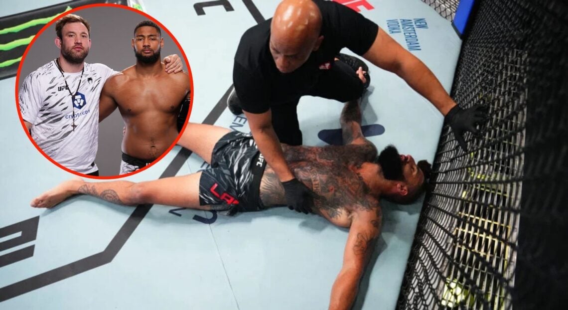 Image of Austen Lane unconcious aat UFC Vegas with an inset of Stuart Austin and Mario Pinto