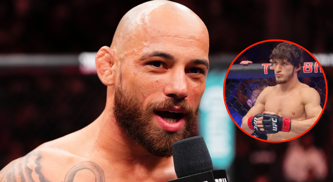 Image of Jean Silva during his UFC Seattle post-fight interview, inset Movsar Evloev as he prepares to face Aljamain Sterling at UFC 310.