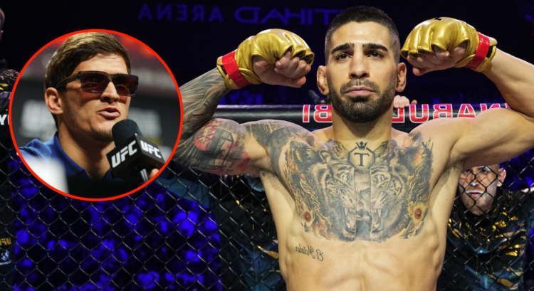 Ilia Topuria flexes during his introduction at UFC 308, inset Movsar Evloev at the UFC 288 press conference.