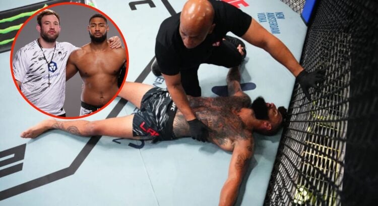 Image of Austen Lane unconcious aat UFC Vegas with an inset of Stuart Austin and Mario Pinto
