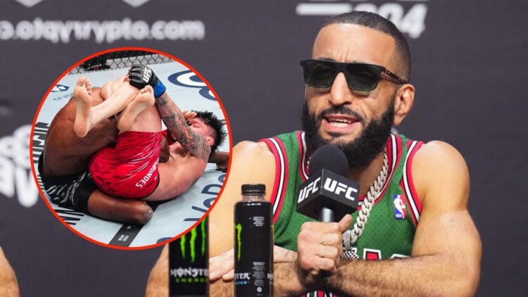 Belal Muhammad is seen on stage during the UFC 304 press conference at Co-op Live on July 25, 2024 in Manchester, England with an inset of Ignacio ...