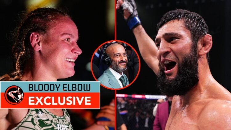 Split image of Khamzat Chimaev reacting after a submission victory, and Valentina Shevchenko of Kyrgyzstan exiting the Octagon. Inset, Joe Anik.
