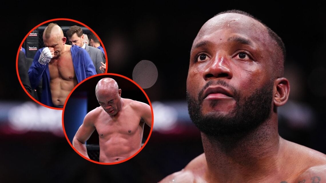 Leon Edwards of Jamaica reacts after a submission loss against Sean Brady in a welterweight fight. Inset, Anderson Silva of Brazil reacts after his...