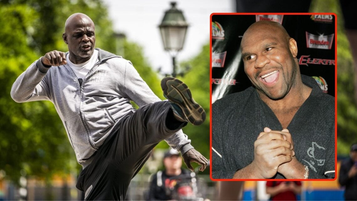 Image of Ernesto Hoost at the Netherlands Health Protest, insert Bob Sapp at ‘Elektra’ premiere.