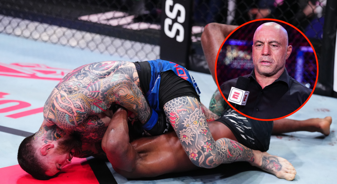 Sean Brady secures a guillotine choke submission against Leon Edwards of Jamaica in a welterweight fight during the UFC Fight Night event at The O2...