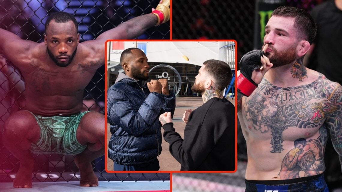 Image of UFC fighters Leon Edwards (left) and Sean Brady (right), insert Edwards vs Brady face off.