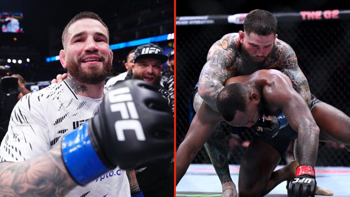 Side by side image of Sean Brady after (left) and during (right) his UFC Fight Night bout against Leon Edwards.