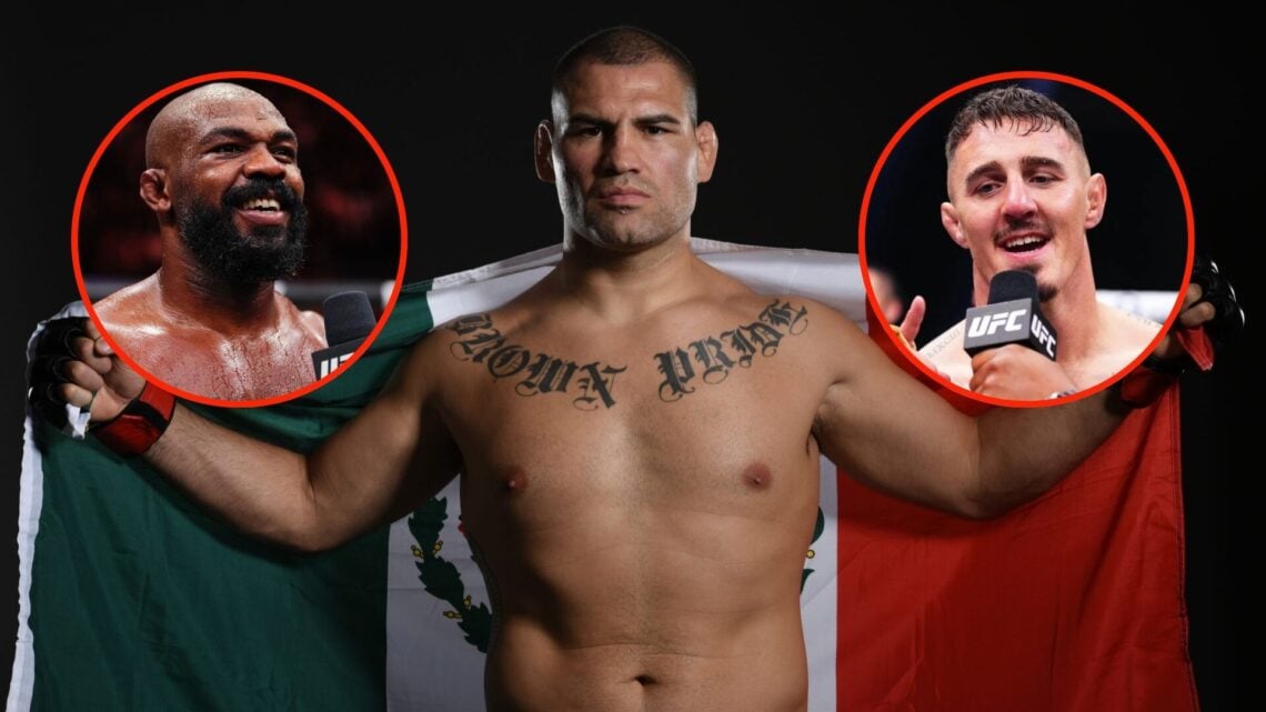 Pop out image of Cain Velasquez, insert (left) Jon Jones, (right) Tom Aspinall.