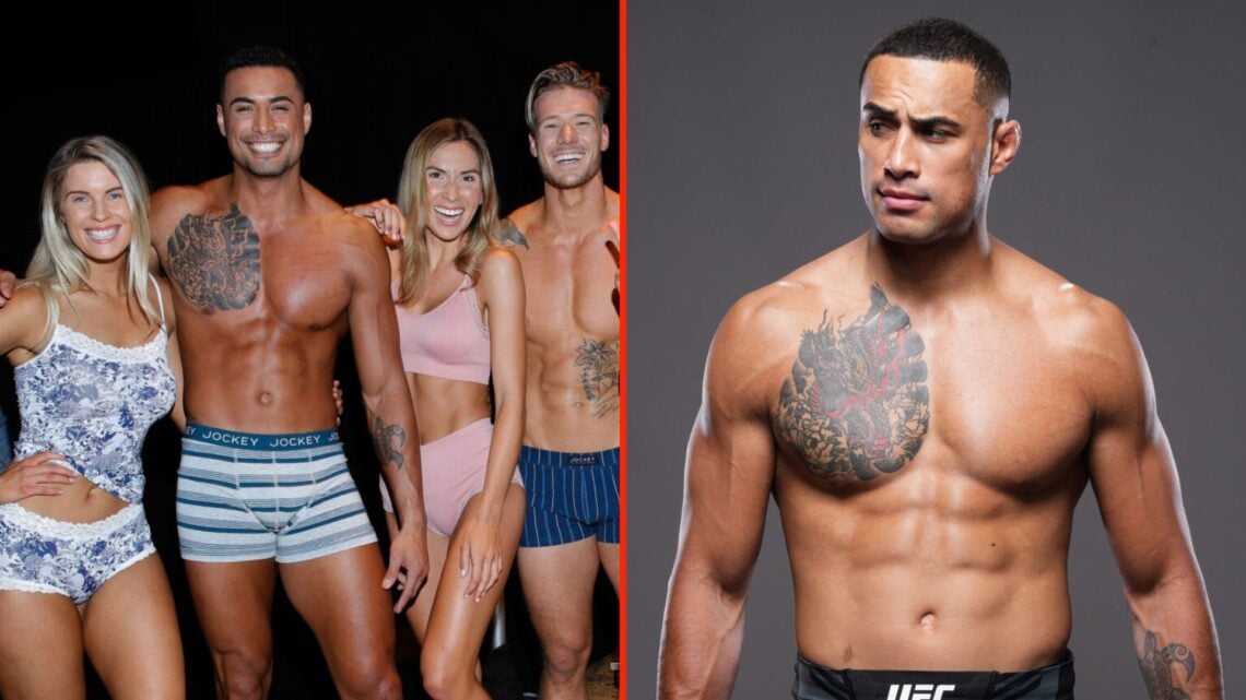 Split image of Carlos Ulberg modelling for Jockey, and Carlos Ulberg at UFC Fight Night: Rozenstruik v Almeida.
