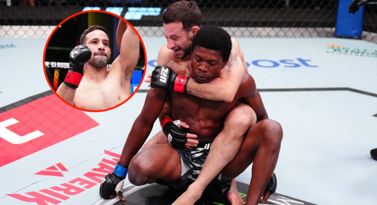 Composite image showing Carlos Vera choking out Josias Musasa