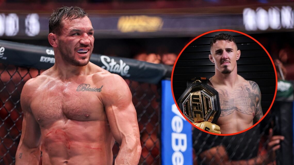 Michael Chandler of the United States of America looks on during a lightweight fight against Charles Oliveira. Inset, Tom Aspinall.