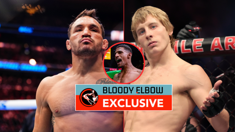 Michael Chandler, Denis Frimpong and Paddy Pimblett with exclusive banner