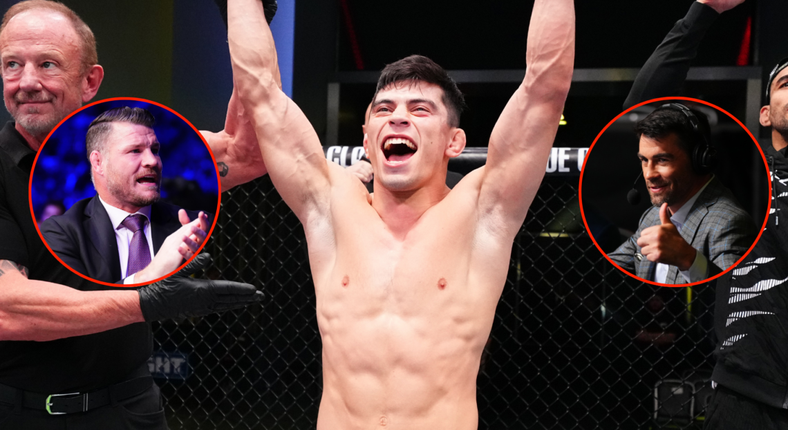 Image of Kevin Vallejos reacting to his win at UFC Vegas 104, inset Michael Bisping reacting to UFC Hall of Fame induction announcement, and Domini...