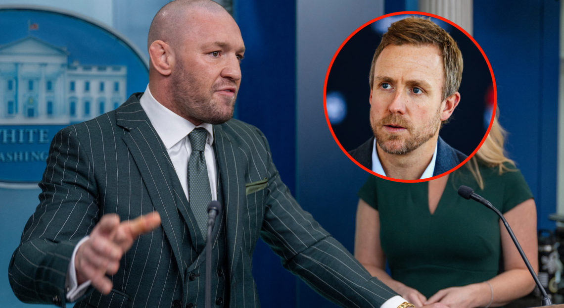 Conor McGregor at the White House giving a speech, alongside a bubble showing UFC executive Dave Shaw