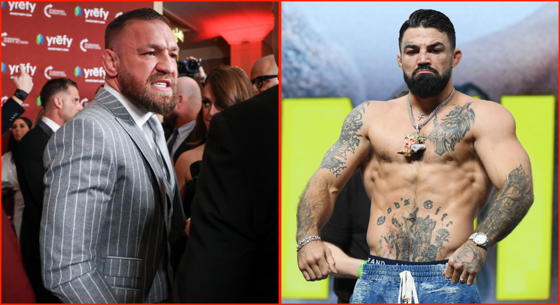 Composite image showing Conor McGregor in a suit speaking angrily at an event and Mike Perry weighing in for a fight shirtless, flexing