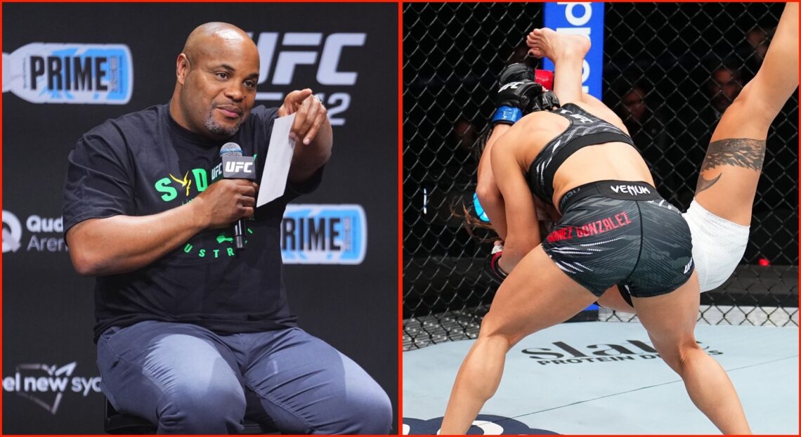 Split image of Daniel Cormier and Loopy Godinez slamming her opponent at UFC Mexico City