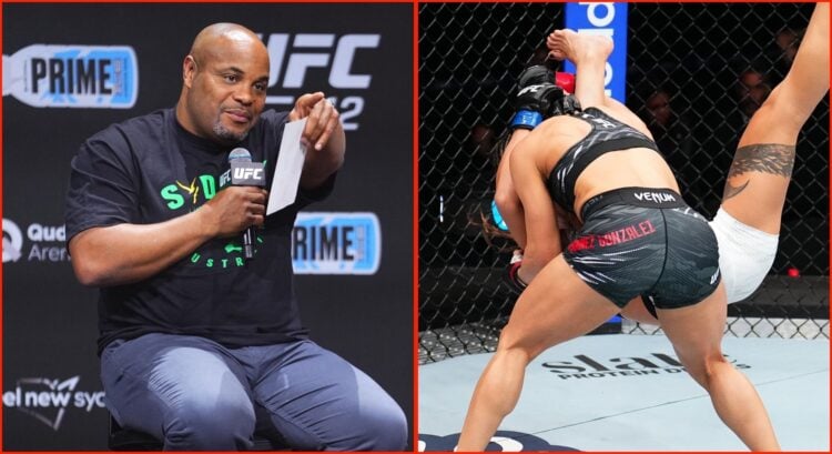 Split image of Daniel Cormier and Loopy Godinez slamming her opponent at UFC Mexico City