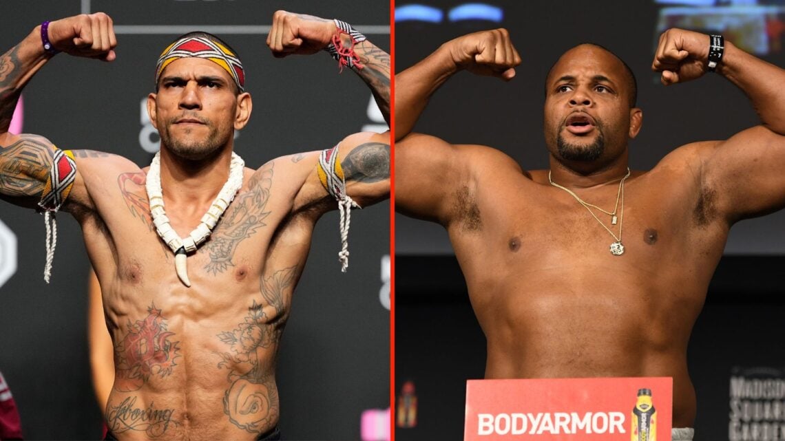 Split image as Daniel Cormier poses on the scale during the UFC 230 weigh-in, and Alex Pereira of Brazil poses on the scale during the UFC 287 cere...