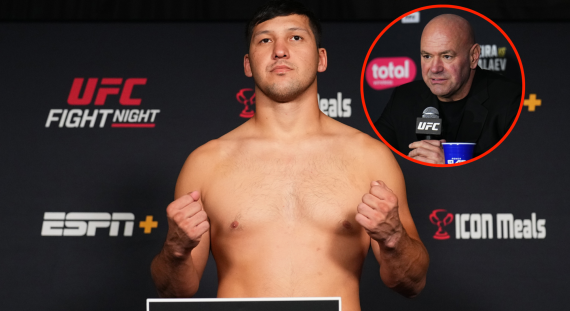 Composite image shows Diyar Nurgozhay missing weight at UFC Vegas 104, with a bubble showing Dana White