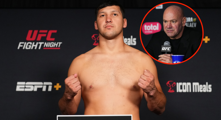 Composite image shows Diyar Nurgozhay missing weight at UFC Vegas 104, with a bubble showing Dana White