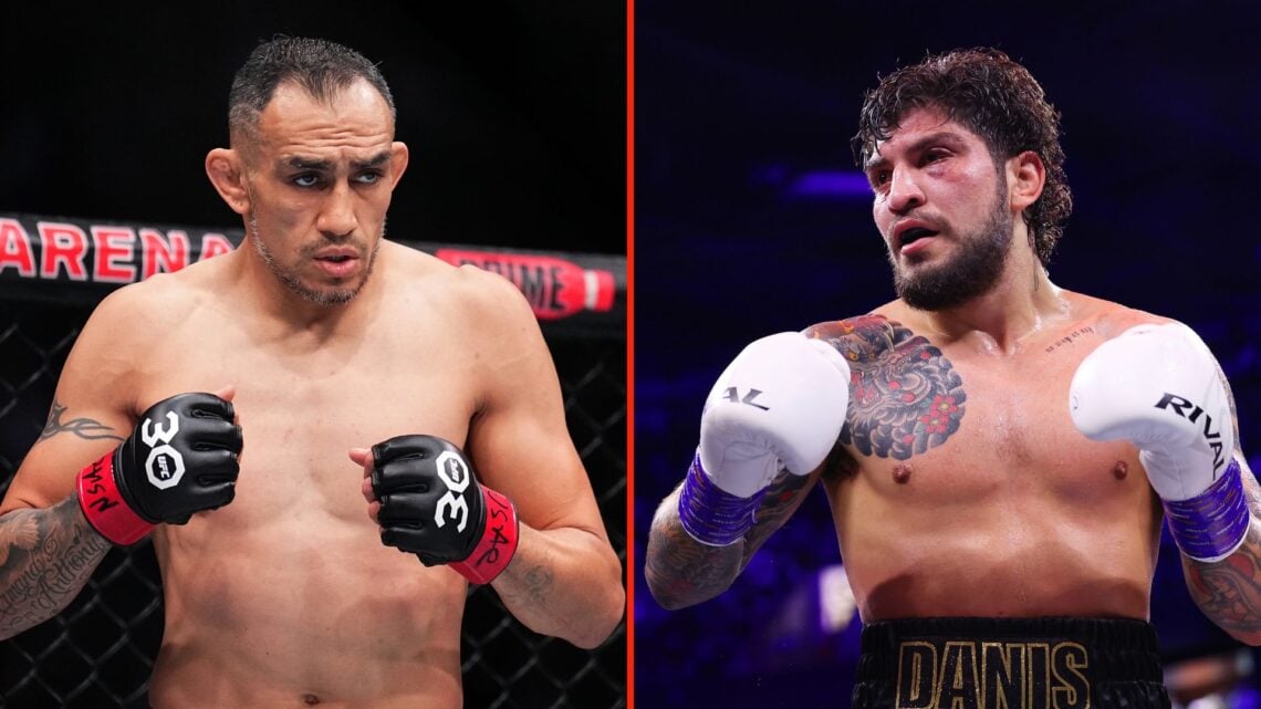 Split image as Dillon Danis looks on during the Misfits Heavyweight fight between Logan Paul and Dillon Danis at AO Arena, and Tony Ferguson enters...