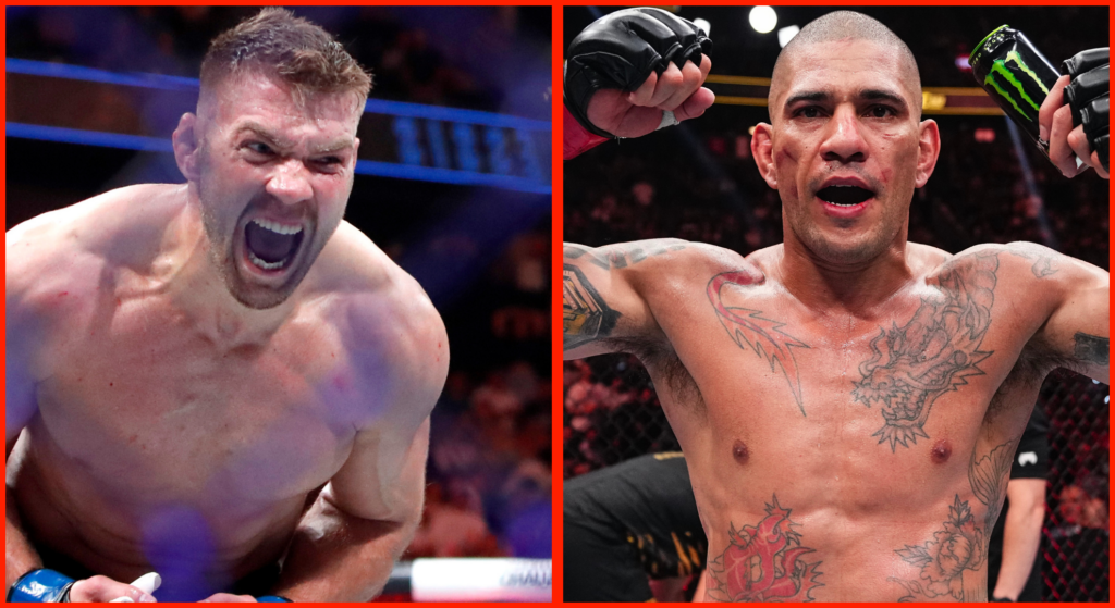 Split image of Dricus du Plessis reacting after a win at UFC 290, opposite Alex Pereira after UFC 313 loss.