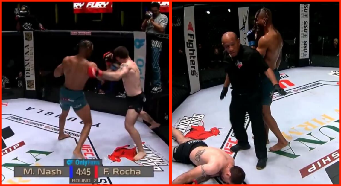 Split image of Marcus Nash punching Felipe Rocha, opposite Nash's reaction after the fight gets waved off.