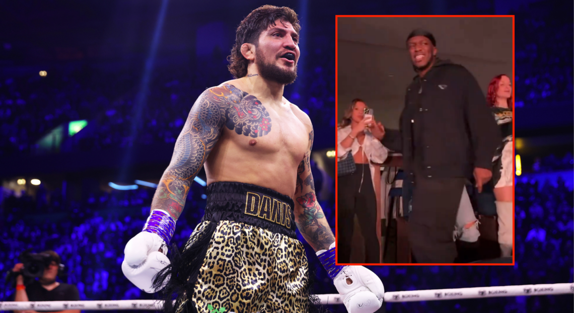 Dillon Danis during a fight, as well as a block showing KSI at a concert