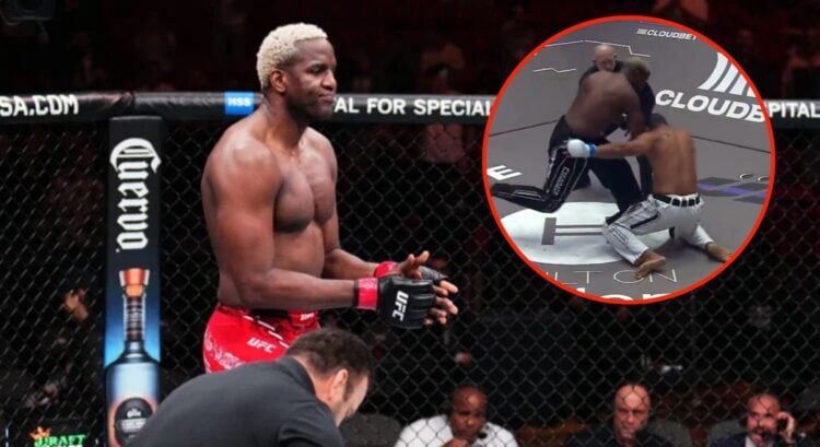 Image of Robelis Despaigne celebrating UFC 299 win with a screenshot inset of Robelis Despaigne knocking out his opponent at Karate Combat 32