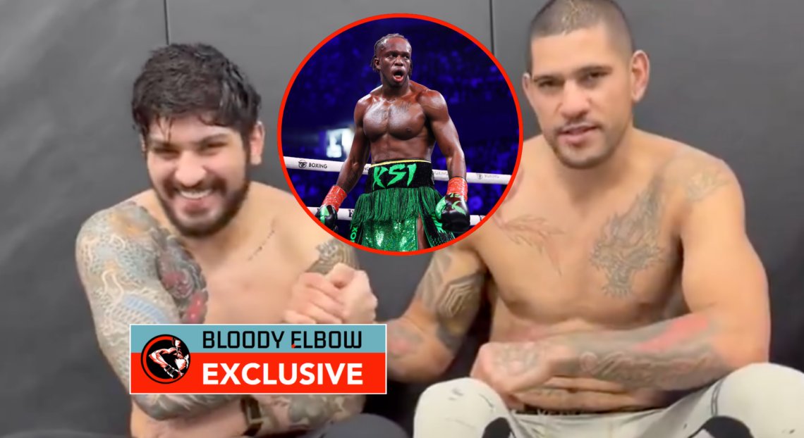 Dillon Danis and Alex Pereira after a sparring session, with a bubble showing KSI and overlay text that reads BLOODY ELBOW EXCLUSIVE