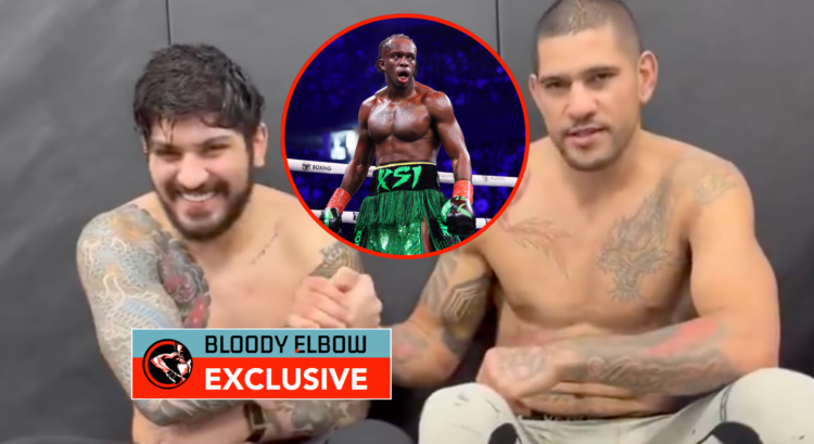Dillon Danis and Alex Pereira after a sparring session, with a bubble showing KSI and overlay text that reads BLOODY ELBOW EXCLUSIVE