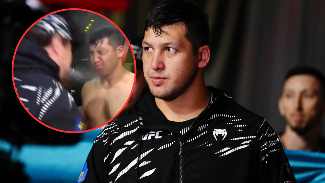 Diyar Nurgozhay walking to the cage at UFC Vegas 104 and a screen shot of him being spat at by his coach