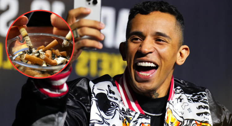 Carlos Prates reacts during a UFC 314 pre-fight press conference, inset cigarettes.