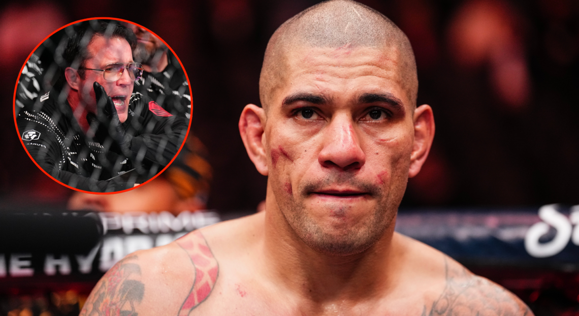 Alex Pereira reacts after his loss to Magomed Ankalaev at UFC 313, inset Chael Sonnen yelling corner instructions at UFC Tampa.