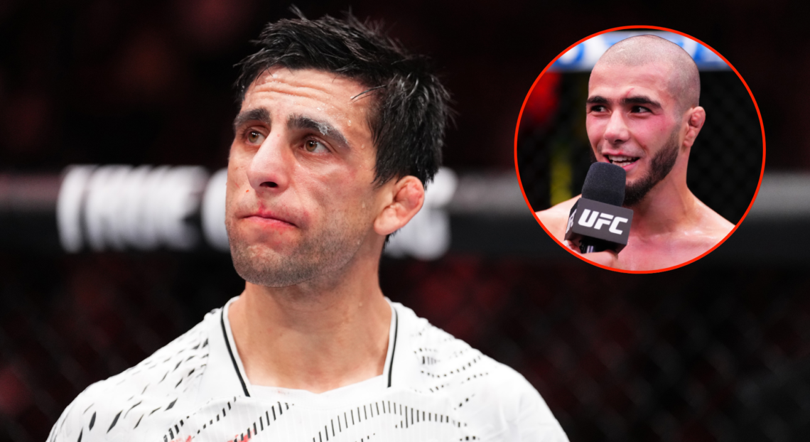 Steve Erceg reacts after his loss to Brandon Moreno at UFC Mexico City, inset Muhammad Mokaev after a win over Alex Perez.