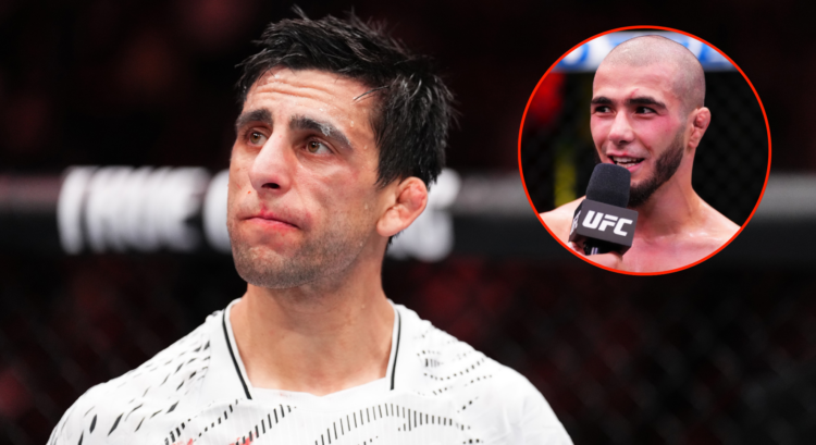 Steve Erceg reacts after his loss to Brandon Moreno at UFC Mexico City, inset Muhammad Mokaev after a win over Alex Perez.